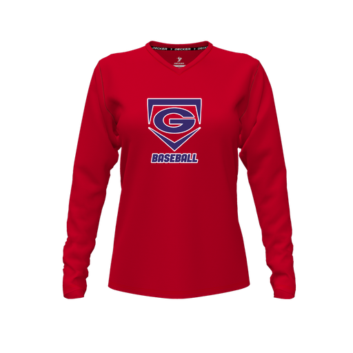 [CUS-DFW-TEES-CMF-VNK-LSL-RED-FYXS-LOGO1] Decker Comfort T-Shirt (Female Youth XS, Red, V Neck, Logo 1, Long Sleeve)